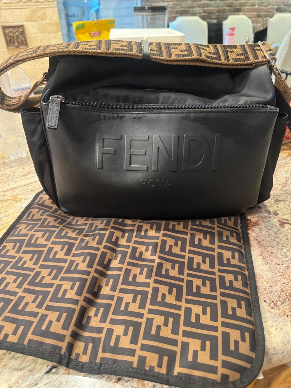 Fendi Black Nylon  diaper bagLogo Messenger Bag with FF-Print Strap